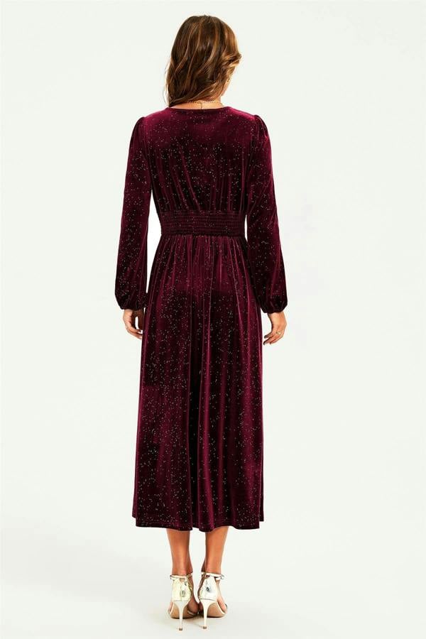 FS Collection Silver Foil Velvet Lace Trim Neckline Midi Dress In Wine