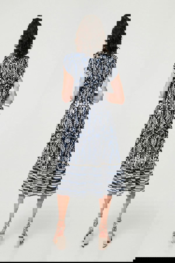 Navy | Printed Cap Sleeve Shirred Midi Dress
