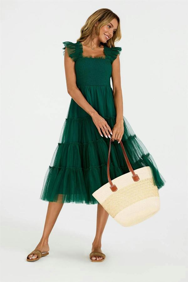 FS Collection Sleeveless Smocked Ruffle Tulle Dress In Forest Green
