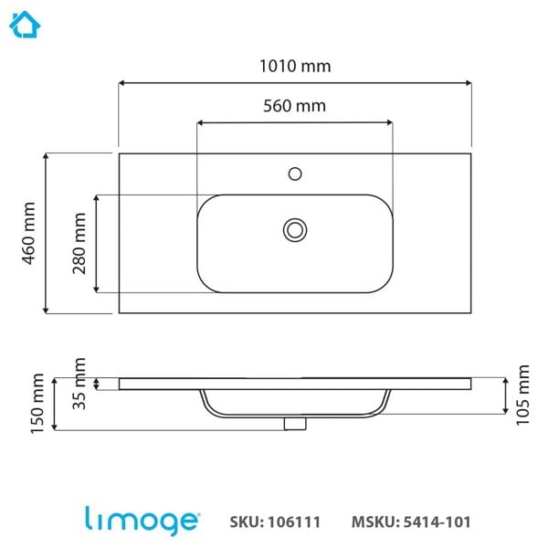 Limoge 5414 Ceramic 101cm Mid-Edge Inset Basin with Oval Bowl