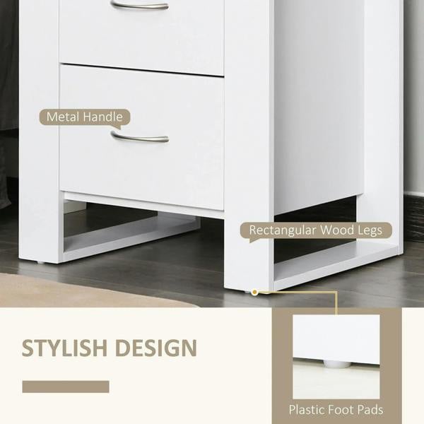 White bedside table close-up: curved metal handles, open base frame, plastic foot pads