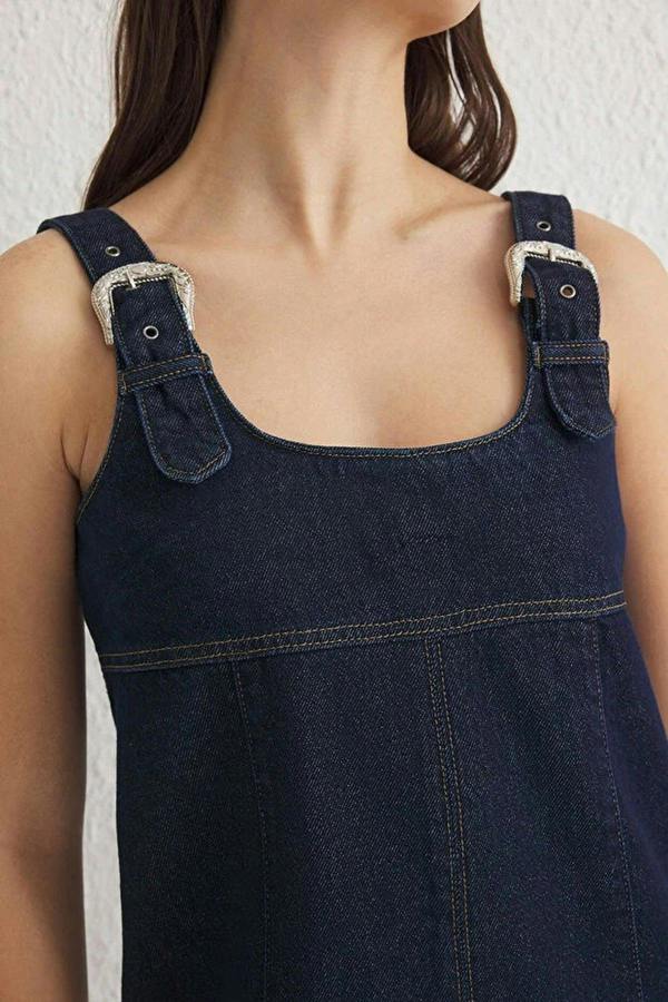 WOVCOR Blue Buckled Adjustable Strap Mini Denim Dress