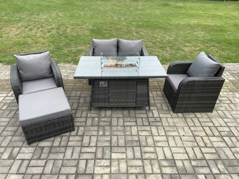 Fimous Rattan Outdoor Garden Furniture Set Gas Fire Pit Dining Table with Chair Love seat Sofa Footstool