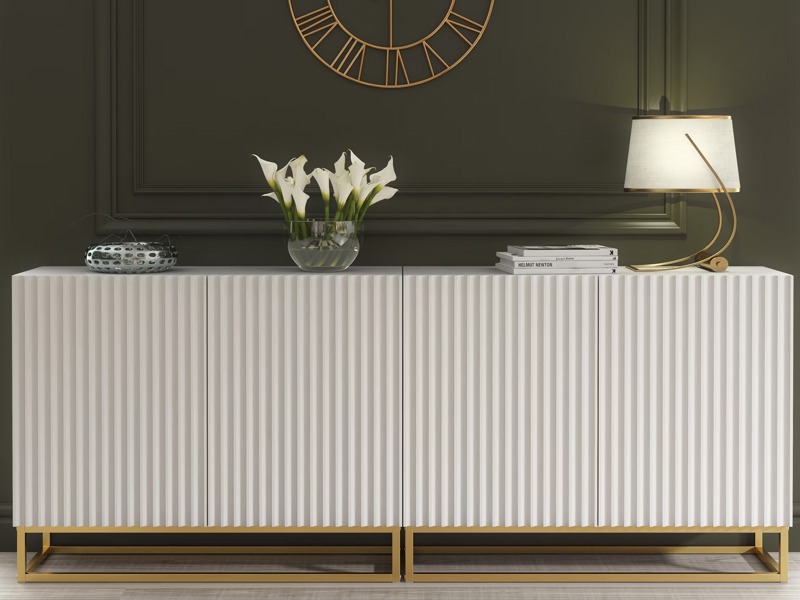 Mex Furniture Sophisticated White Sideboard with Fluted Fronts & Gold Legs – 200cm Storage Unit