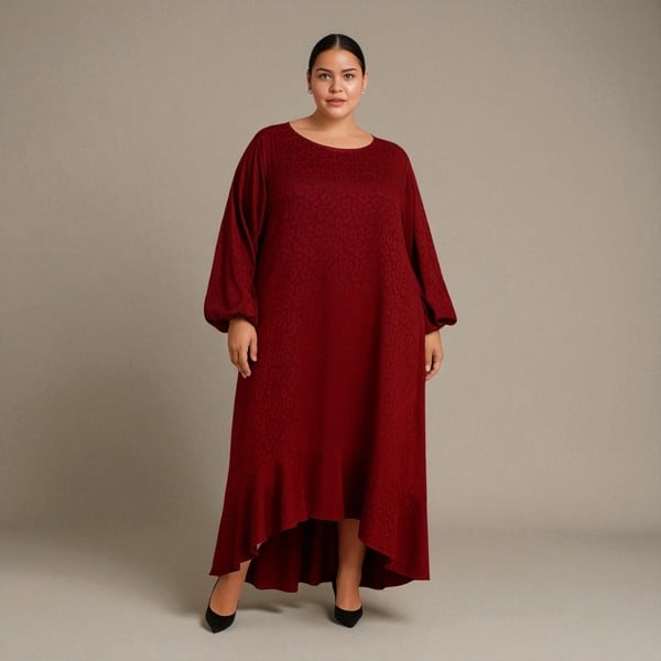 Plus Size Red Burgundy Leopard Jacquard Dress with Bisphop Sleeves and  bottom flounce from the front.