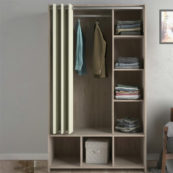 Furniture To Go Uppsala Open Mobile Wardrobe Unit in Jackson Hickory Oak with a Beige Textile Curtain