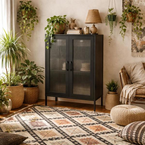 Wyld Haus Barla Black Steel Metal 2 Reeded Glass Door Cabinet