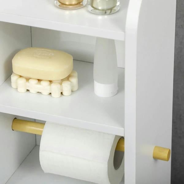White bathroom cabinet shelf with rolled towels or paper and open storage