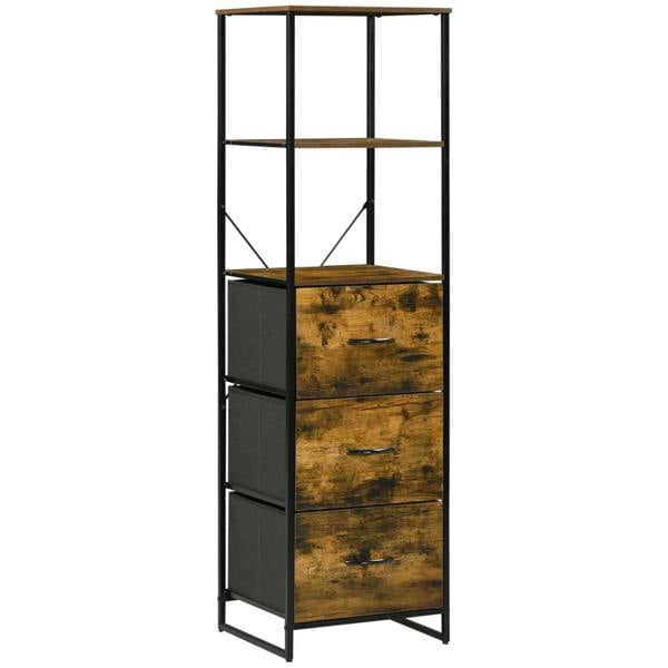 Industrial bookshelf cabinet with two shelves and three stacked drawers in rustic brown