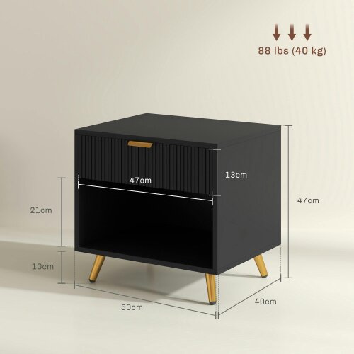 Wyld Haus Hana Bano Black And Gold Tone Elegant Bedside Table With Ribbed Drawer And Shelf