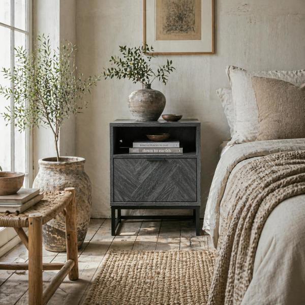 Wyld Haus Fari Dark Grey Bedside Table With Drawer And Shelf Storage And Steel Legs