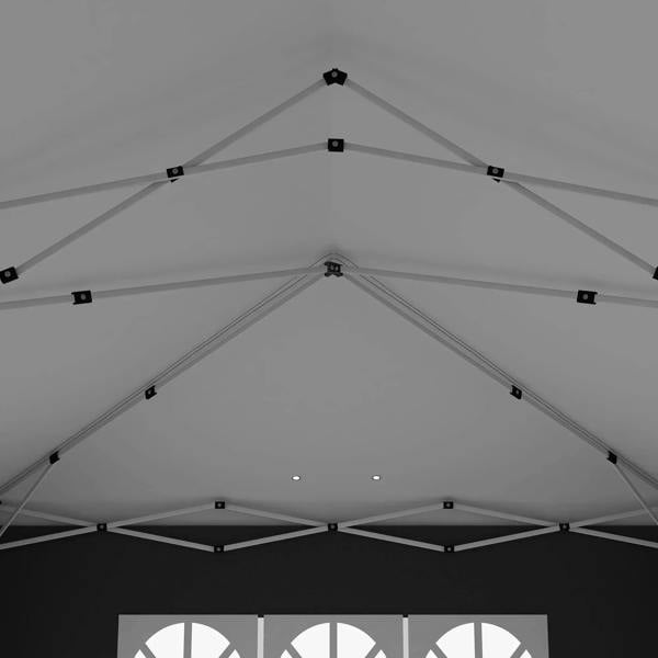 Pop-up canopy tent interior view showing white roof fabric and metal frame supports