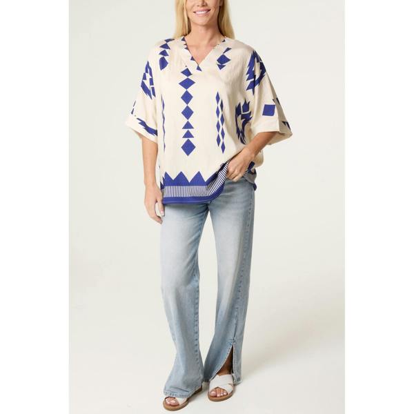 Blue Vanilla Linen Geometric Print Top