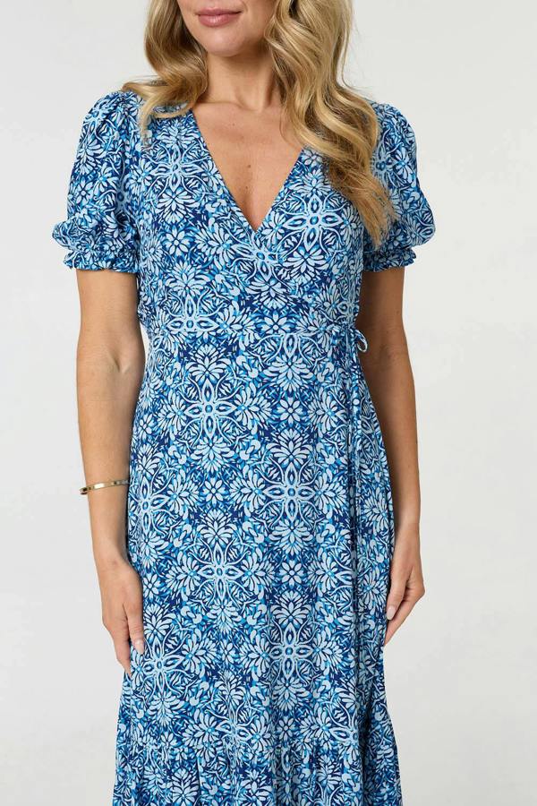 Blue | Printed Short Puff Sleeve Tie Midi Dress