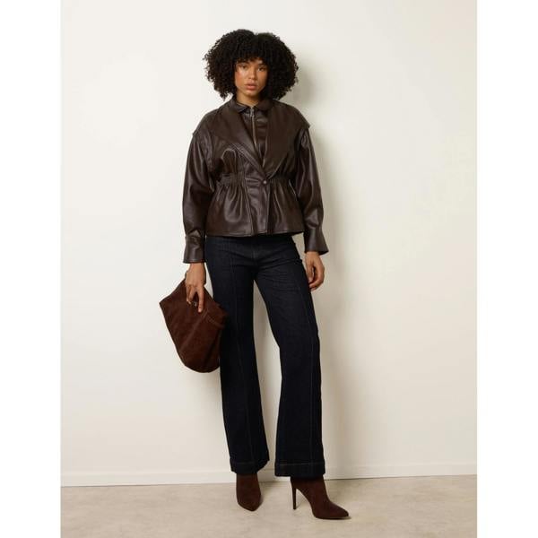 Blue Vanilla Collared Shirred Waist Faux Leather Jacket