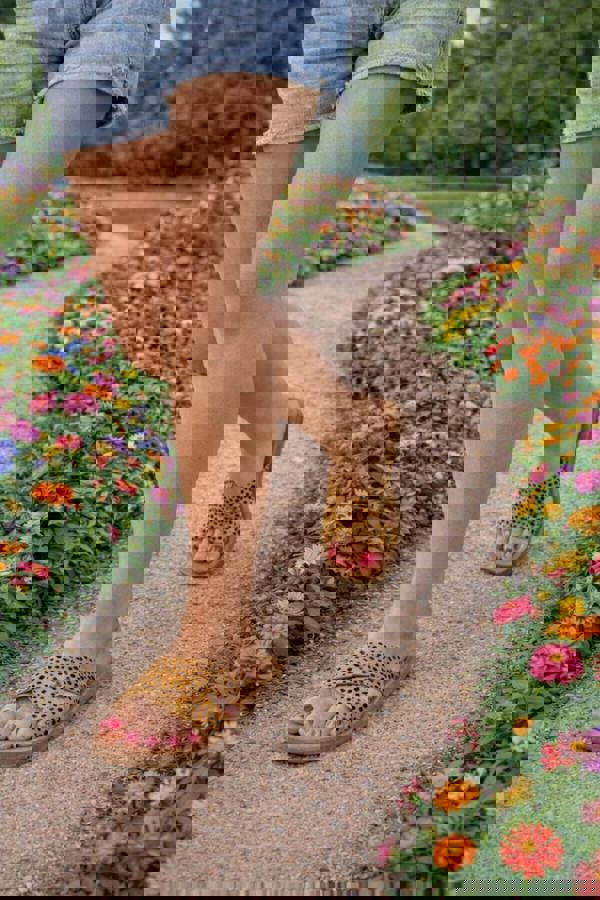 Person wearing leopard print sandals walking on a path surrounded by flowers