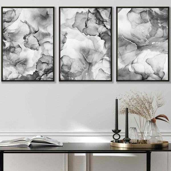 Artze Wall Art Abstract Floral Fluid in Grey Set of 3 Wall Art Prints | Framed