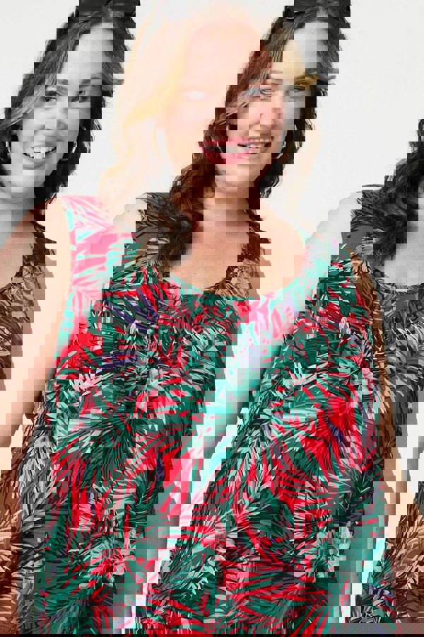 Red | Leaf Print Sleeveless Tunic Dress