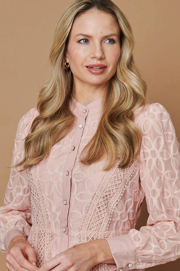 Pink | Embroidered Lace Long Sleeve Midi Dress