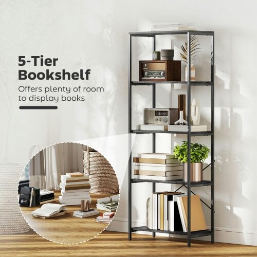 Wyld Haus Livemi Metal And Wood Dark Grey And Black 5 Tier Industrial Bookcase