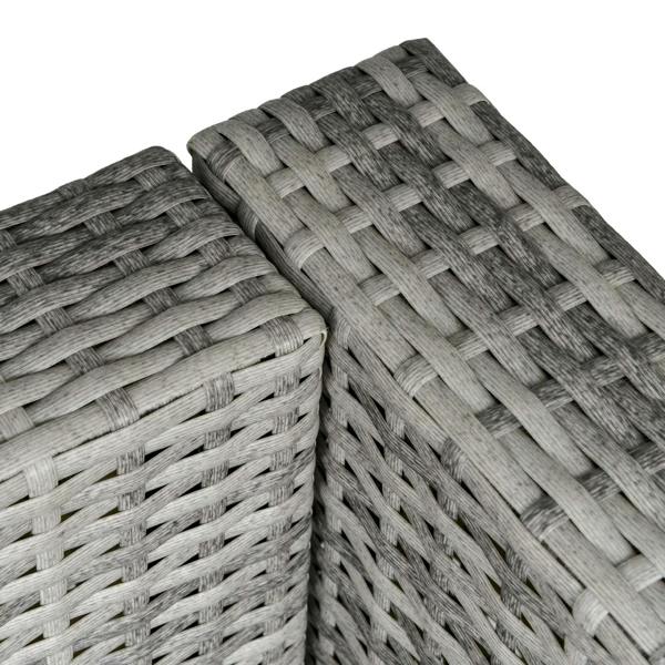 Close-up of light grey PE rattan wicker panels with interwoven basket weave pattern.