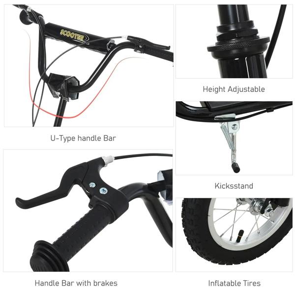 Black scooter handlebar details with U-type stem, adjustable height, and kickstand.