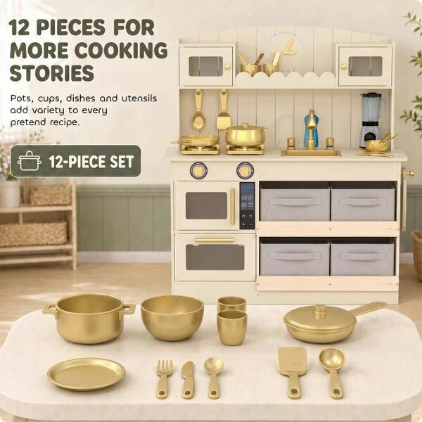 Bobobiy Kids Play Kitchen with Lights & Sounds, Pretend Play Toy set with 4 Fabric Drawers, 12-Piece Accessories for 3-6 Years