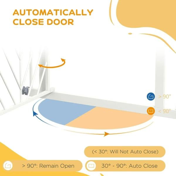 White stair gate with automatically closing door mechanism and opening angle indicator
