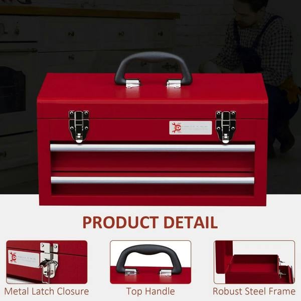 Red lockable tool chest with top handle, front latches, and two drawer compartments