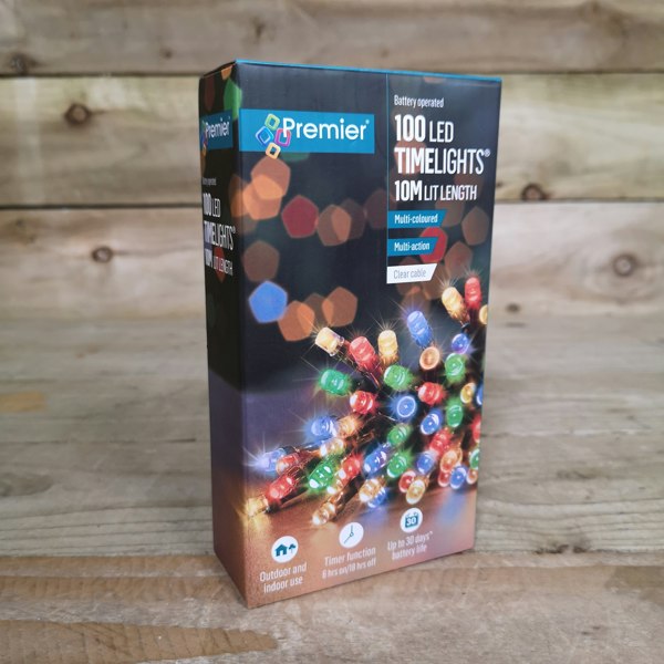 Samuel Alexander 100 LED 10m Premier Christmas Outdoor Multi Function Battery Lights with Timer & Clear Cable in Multicoloured