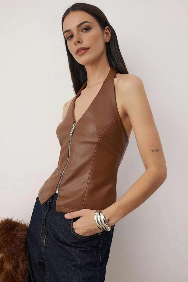 WOVCOR V-Neck Faux Leather Party Blouse with Zipper Detail
