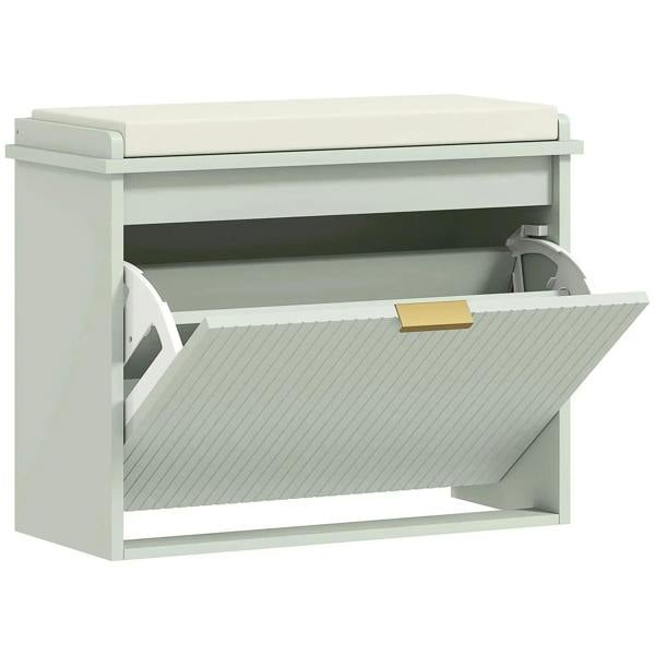 Green shoe bench with hinged top seat and open storage compartment