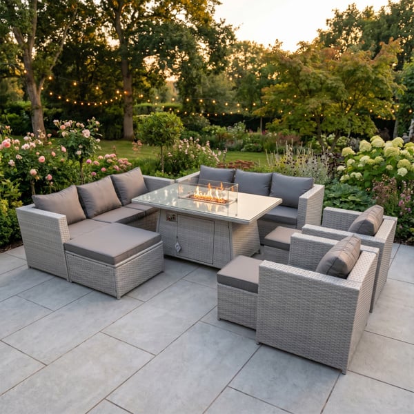 Fimous 11 Seater Rattan Sofa Set with Fire Pit Dining Table, 2 Sofas, 2 Chairs & 3 Footstools - Light Grey