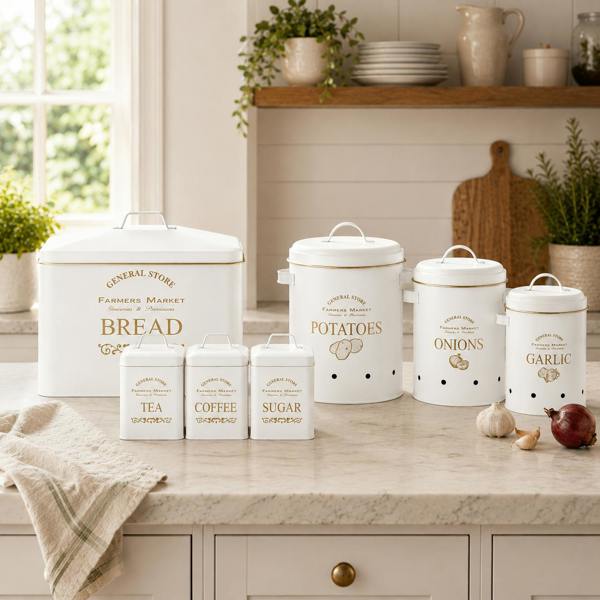 Maison des Cadeaux 7-Piece Set Canisters Bread Tea Coffee Sugar Veg Bins -General Store Farmhouse