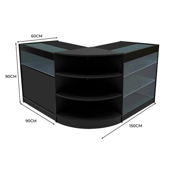 Black Demeter LED Shop Counter Set featuring curved design, glass shelves, and dimensions of 150cm x 90cm x 60cm for retail display