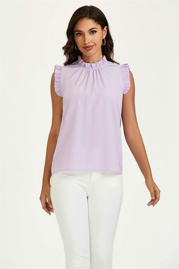 FS Collection Frill Trim Sleeve Frill Neck Blouse Top In Light Purple