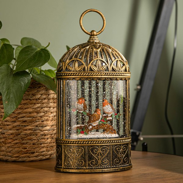 Samuel Alexander 24cm Dual Powered Light up Christmas Robin Scene Water Spinner with Warm White LEDs