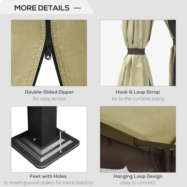 Beige gazebo curtains with double-sided zipper and hook-and-loop tie straps