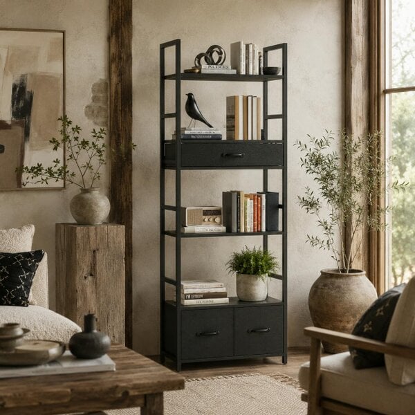 Wyld Haus Laro Metal And Wood Grey And Black Industrial Bookcase With 4 Shelves And Fabric Drawers