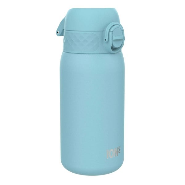 A light-blue water bottle stands upright against a white background. The bottle features a carrying handle and the logo "ION8".