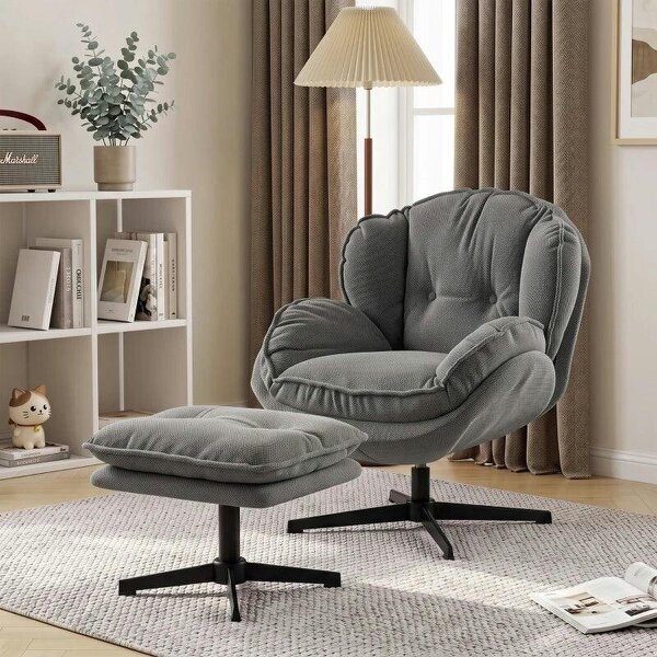 Armchair with Adjustable Footstool, 360-Degree Swivel Chenille Cloud Accent Chair with Thick Cushion, Steel Base, Grey