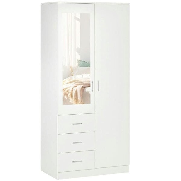 Bobobiy 2 Door 3 Drawer Mirrored Wardrobe with Hanging Rail, Modern Clothes Storage Cupboard with Mirror, 80 x 50 x 180 cm, White