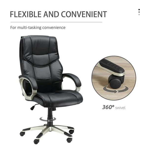 Black faux-leather office chair with high back, armrests, and 360-degree swivel