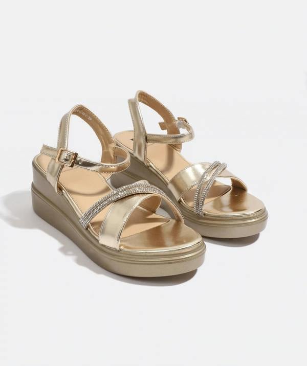 Pia Rossini Hennessy - Gold Embellished Wedge Sandal with Adjustable Straps