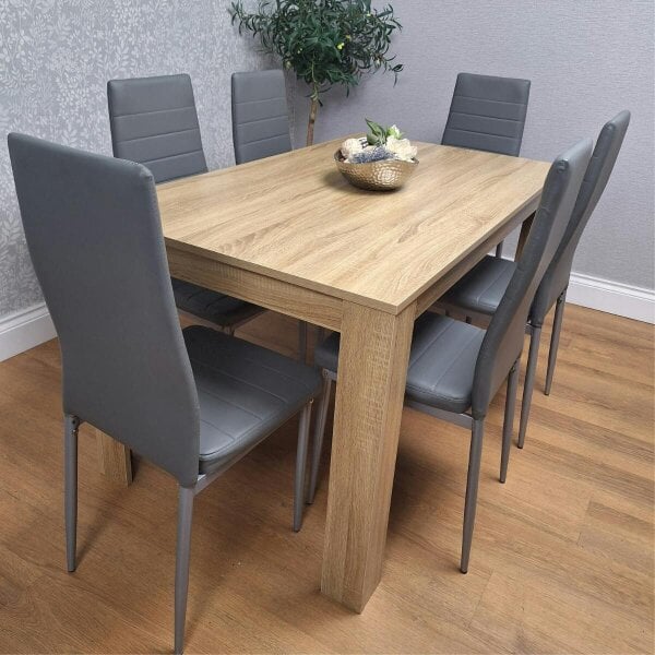 Kosy Koala Oak Effect Dining Table Set With 6 Grey Faux Leather Chairs Dining Room Furniture