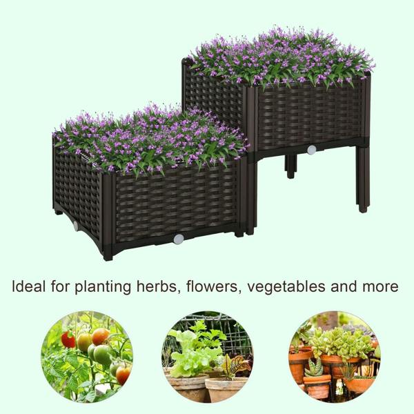 Set of 2 brown elevated planter boxes with purple flowers, rattan-style weave