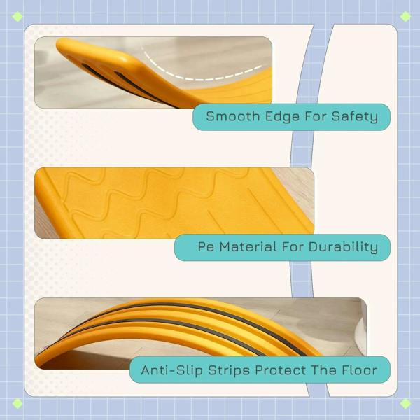 Orange balance board with smooth edge, textured top, and anti-slip strips detail