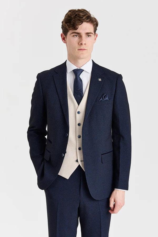Paul Andrew Regent Navy Check Suit with Regent Cream Waistcoat