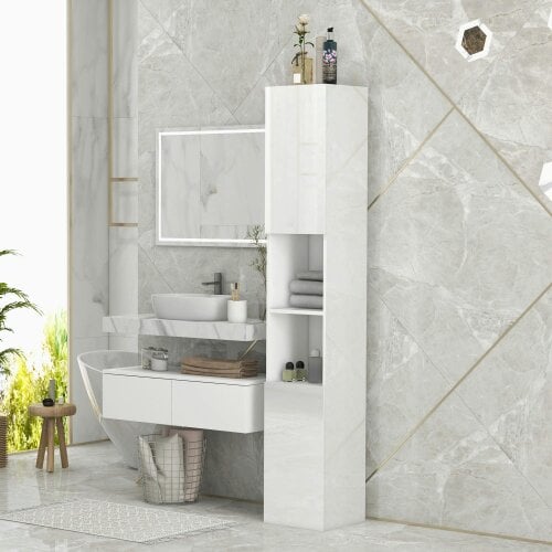 Wyld Haus Yoco High Gloss White Freestanding Bathroom Storage Cabinet With Doors And Adjustable Shelves