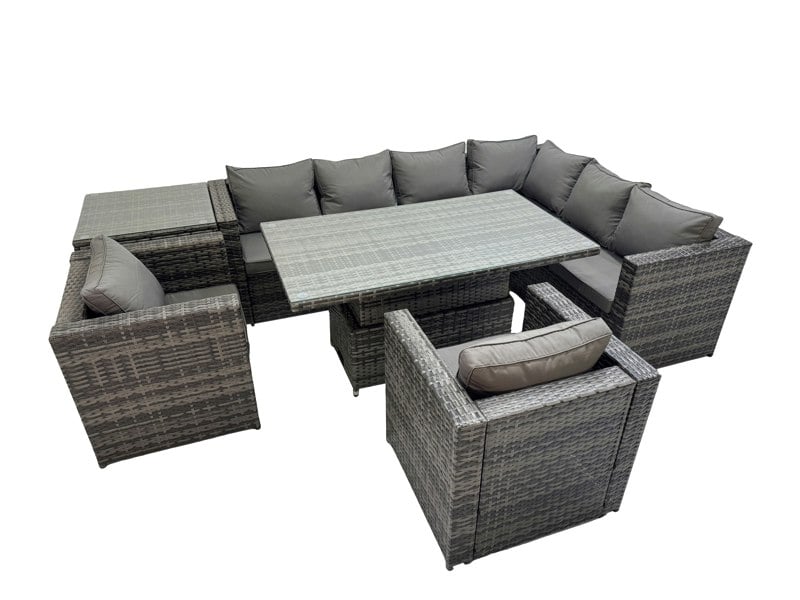 Fimous 8 Seater Rattan Height Adjustable Rising Lifting Table Corner Sofa Sets with 2 Chairs Side Table Dark Grey Mixed